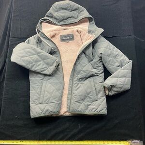 Eddie Bauer Quilted Hooded Jacket in Light Gray with Pink Sherpa Lining